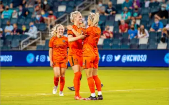 Rachel Daly and Sophie Schmidt celebrate during their 3-1 victory over KC NWSL. Photo from Twitter @HoustonDash