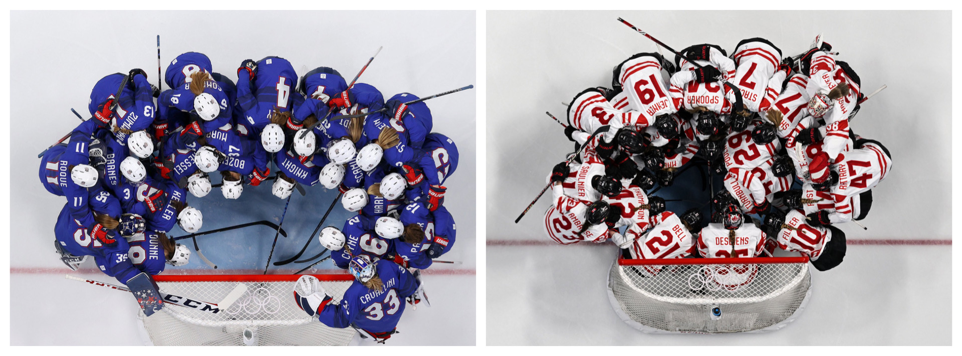 On the left, Team USA is huddled in their goal crease. On the right, Hockey Canada is huddled in their goal crease.