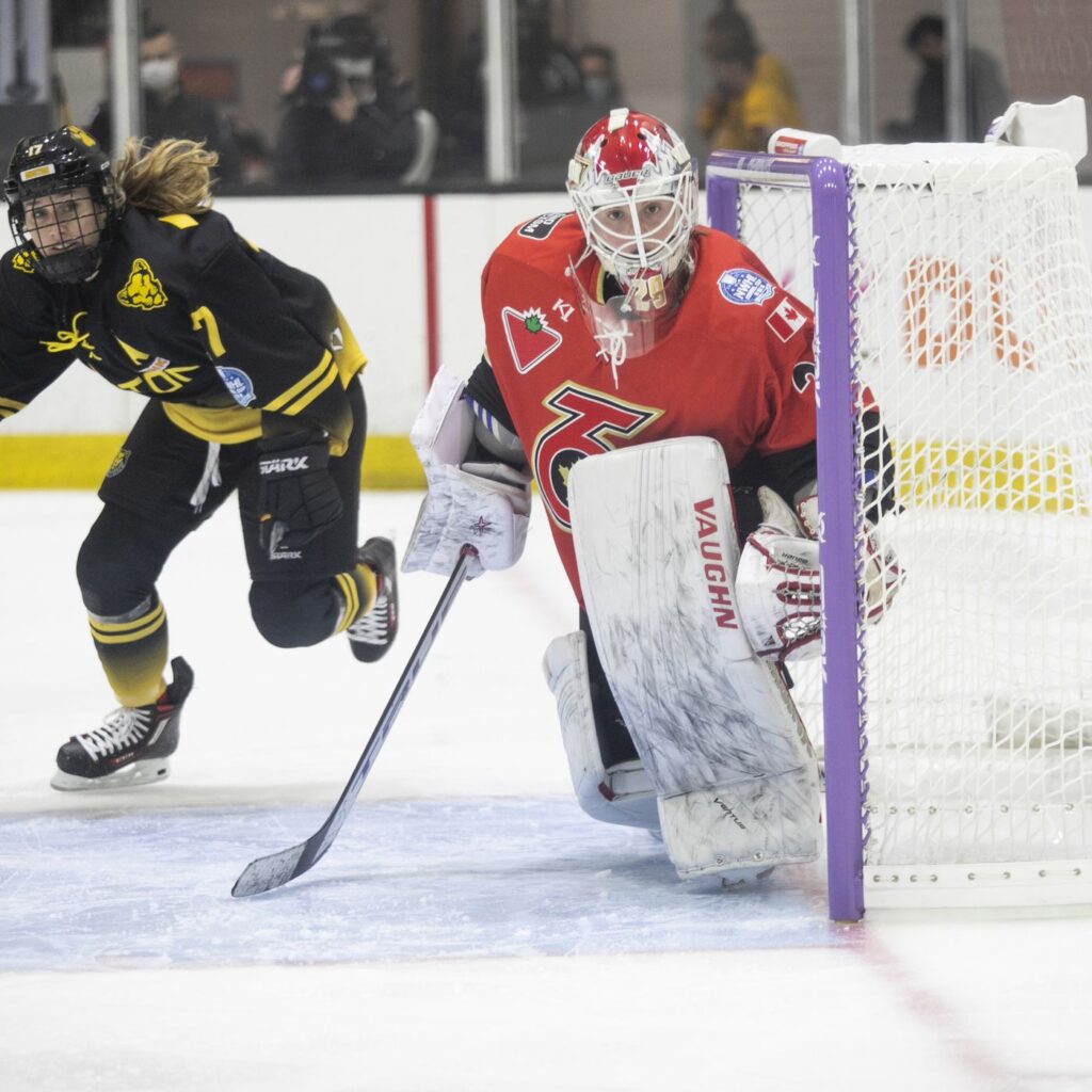 Elaine Chuli, in net for the Toronto Six, stares down a play.