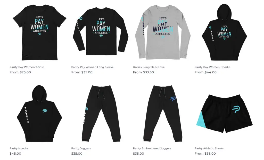 Photos of the merchandise available from ParityNow. Options include short and long sleeve t-shirts, sweatshirts, pants, shorts, hats, and children’s clothes.